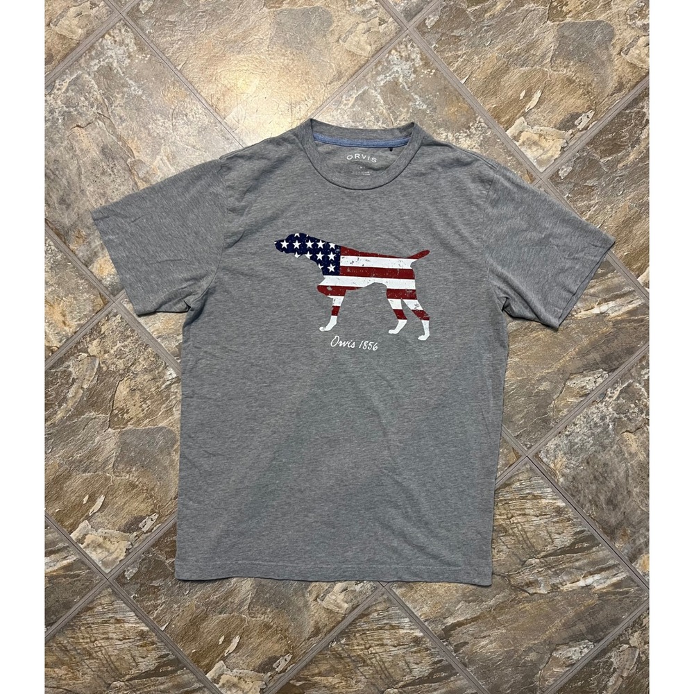 Orvis T-Shirt Men Medium Gray American Flag Dog Graphic Tee
